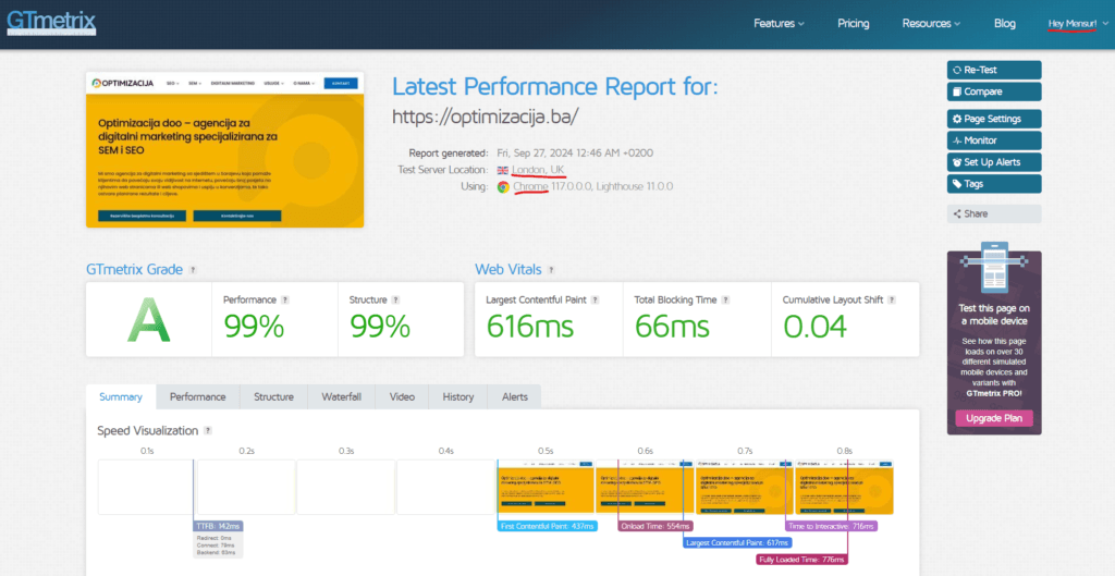 Latest Performance Report for: https://optimizacija.ba/